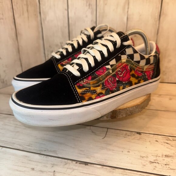 Vans Old Skool Rose Leopard Checkered Shoes Mens 8.5 Womens 10 Skater Style - Picture 1 of 9
